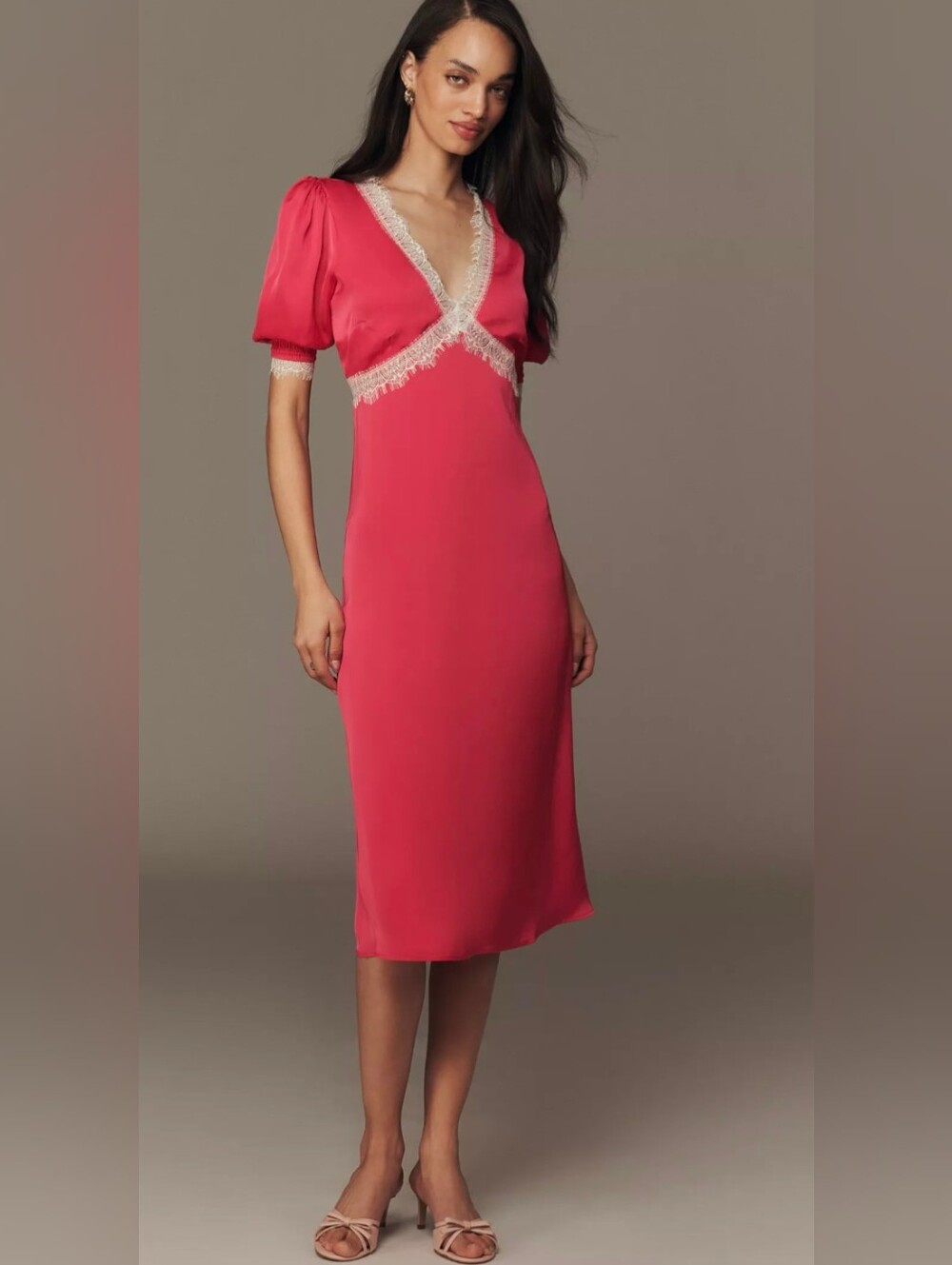 anthropologie v neck lace trim midi dress Bright Pink | Size XXS